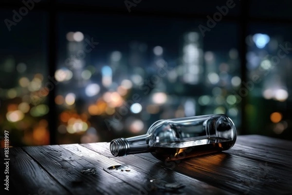 Fototapeta Reflections of a city skyline with a glass bottle on a wooden table at night. The concept of alcoholism and bad habits