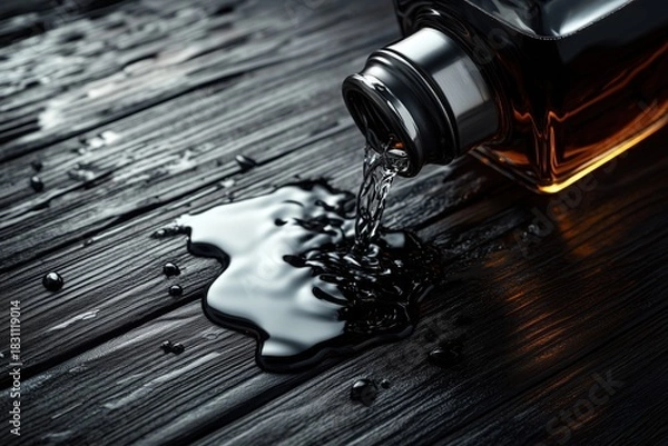 Fototapeta Liquid spills from a glass bottle onto a dark wooden surface creating a striking visual contrast. The concept of alcoholism and bad habits