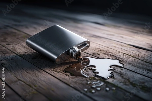 Fototapeta Metal flask spills liquid on a wooden surface with dramatic lighting. The concept of alcoholism and bad habits