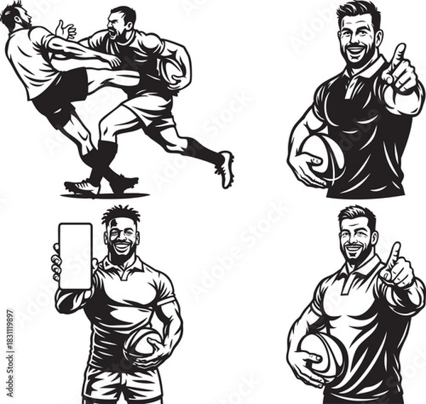 Fototapeta A set of four black and white vector illustrations featuring muscular rugby players in various poses, including tackling and holding a smartphone.