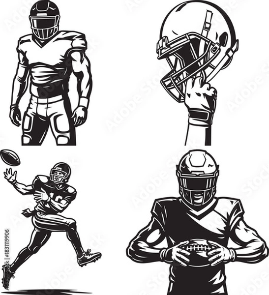 Fototapeta Set of four American football player illustrations in a monochrome vector style.