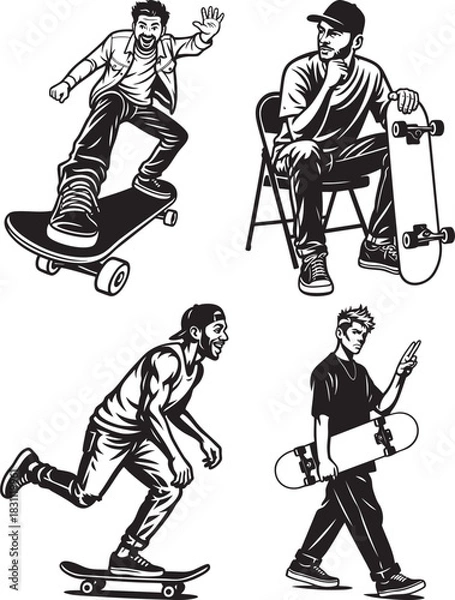 Fototapeta Black and white illustration of four different skateboarders in various poses, showcasing skateboarding lifestyle.