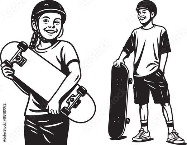 Fototapeta Monochrome illustrations of skateboarders in various poses, riding and resting.