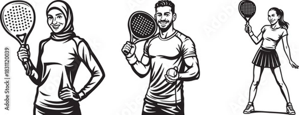 Fototapeta Monochrome illustrations of skateboarders in various poses, riding and resting.