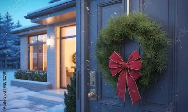 Fototapeta Modern home welcomes holiday cheer with vibrant Christmas wreath and snowfall creating a cozy winter scene, perfect for seasonal greetings and festive projects