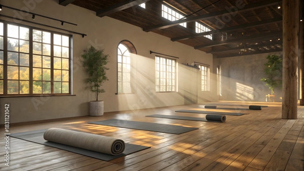 Fototapeta Empty yoga studio with wooden floor mats and sunbeams streaming through windows full hd 4k stock image download