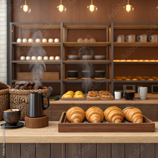 Fototapeta Warm bakery counter display with steaming coffee mug and fresh croissants full hd 4k stock image download