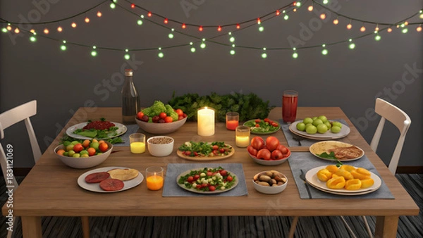 Fototapeta Festive dinner table setup with colorful string lights and abundant food full hd 4k stock image download