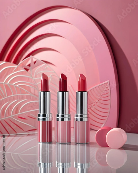Fototapeta Three red lipsticks with silver and pink tubes arranged on a reflective surface with pink decorative elements full hd 4k stock image download