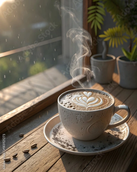 Fototapeta Steaming latte art coffee cup on wooden table with rain outside window full hd 4k stock image download