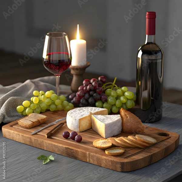 Fototapeta Red wine cheese and grape platter with lit candle and bread on wooden board full hd 4k stock image download