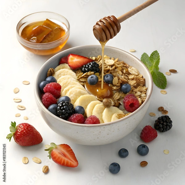 Fototapeta Overhead view of healthy breakfast bowl with granola fruits and honey drizzle full hd 4k stock image download