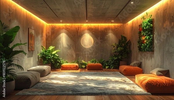 Fototapeta A calm neurodiverse-friendly break room with soft dimmable lighting, textured wall panels, weighted lap pads, plants and a warm supportive atmosphere for emotional regulation.
