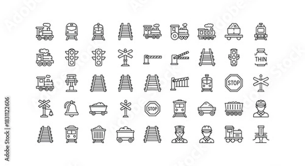 Fototapeta Collection of outline icon set railroad railway train cargo station infrastructure transportation travel