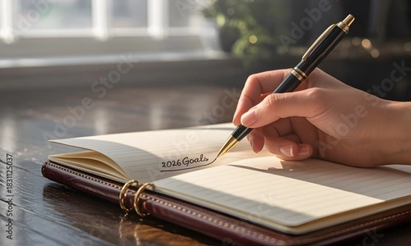 Fototapeta Start planning for 2026 now with this elegant notebook and pen, perfect for goal-setting and new year resolutions in a bright, professional workspace