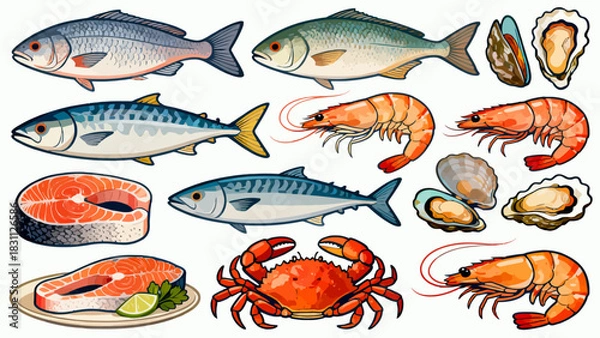 Obraz This colorful illustration displays a diverse collection of seafood—including shrimp, salmon, tuna, crabs, scallops, octopuses, and mussels—arranged neatly against a light background.