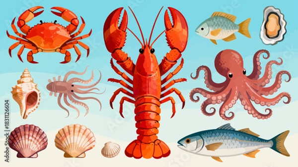 Obraz This colorful illustration displays a diverse collection of seafood—including shrimp, salmon, tuna, crabs, scallops, octopuses, and mussels—arranged neatly against a light background.