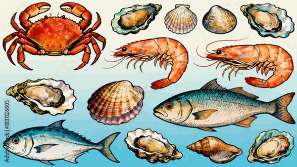 Obraz This colorful illustration displays a diverse collection of seafood—including shrimp, salmon, tuna, crabs, scallops, octopuses, and mussels—arranged neatly against a light background.