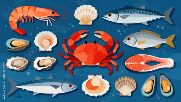 Obraz This colorful illustration displays a diverse collection of seafood—including shrimp, salmon, tuna, crabs, scallops, octopuses, and mussels—arranged neatly against a light background.