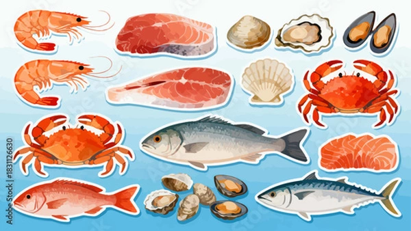 Obraz This colorful illustration displays a diverse collection of seafood—including shrimp, salmon, tuna, crabs, scallops, octopuses, and mussels—arranged neatly against a light background.