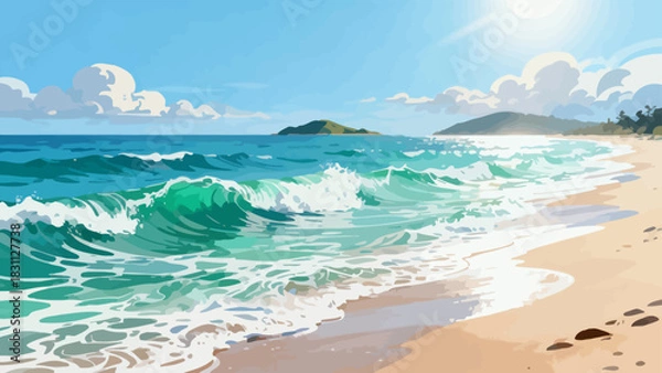 Obraz This vibrant illustration depicts a tropical beach scene: turquoise waves crash on golden sand, lined with palm trees, while a sailboat, rainbow, and seagulls fill the bright sky, serene and idyllic