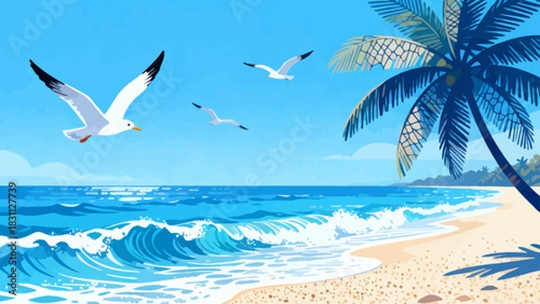 Obraz This vibrant illustration depicts a tropical beach scene: turquoise waves crash on golden sand, lined with palm trees, while a sailboat, rainbow, and seagulls fill the bright sky, serene and idyllic