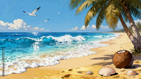 Obraz This vibrant illustration depicts a tropical beach scene: turquoise waves crash on golden sand, lined with palm trees, while a sailboat, rainbow, and seagulls fill the bright sky, serene and idyllic