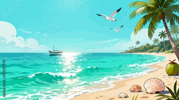 Obraz This vibrant illustration depicts a tropical beach scene: turquoise waves crash on golden sand, lined with palm trees, while a sailboat, rainbow, and seagulls fill the bright sky, serene and idyllic