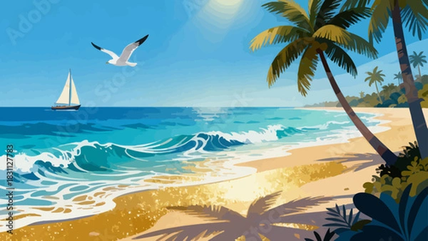 Obraz This vibrant illustration depicts a tropical beach scene: turquoise waves crash on golden sand, lined with palm trees, while a sailboat, rainbow, and seagulls fill the bright sky, serene and idyllic