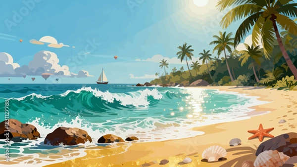 Obraz This vibrant illustration depicts a tropical beach scene: turquoise waves crash on golden sand, lined with palm trees, while a sailboat, rainbow, and seagulls fill the bright sky, serene and idyllic