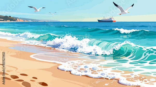Obraz This vibrant illustration depicts a tropical beach scene: turquoise waves crash on golden sand, lined with palm trees, while a sailboat, rainbow, and seagulls fill the bright sky, serene and idyllic