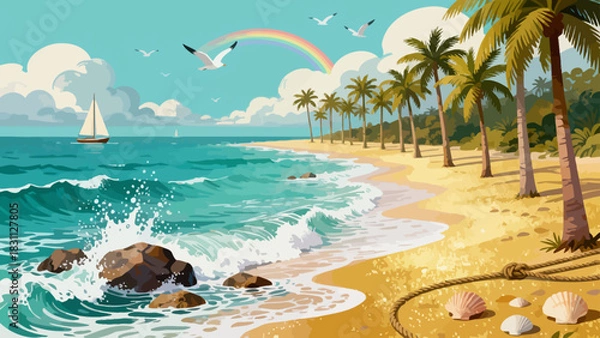 Obraz This vibrant illustration depicts a tropical beach scene: turquoise waves crash on golden sand, lined with palm trees, while a sailboat, rainbow, and seagulls fill the bright sky, serene and idyllic