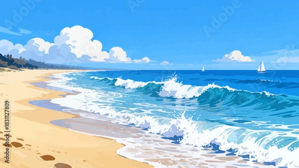Obraz This vibrant illustration depicts a tropical beach scene: turquoise waves crash on golden sand, lined with palm trees, while a sailboat, rainbow, and seagulls fill the bright sky, serene and idyllic