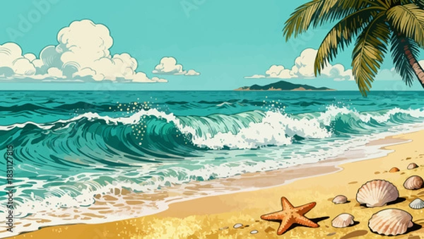 Obraz This vibrant illustration depicts a tropical beach scene: turquoise waves crash on golden sand, lined with palm trees, while a sailboat, rainbow, and seagulls fill the bright sky, serene and idyllic