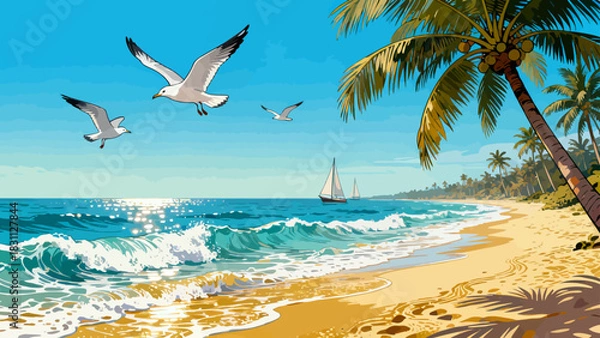 Obraz This vibrant illustration depicts a tropical beach scene: turquoise waves crash on golden sand, lined with palm trees, while a sailboat, rainbow, and seagulls fill the bright sky, serene and idyllic