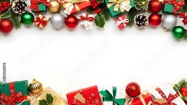 Obraz Christmas Border with Gift Boxes, Ornaments, Pinecones, and Holly on White Background