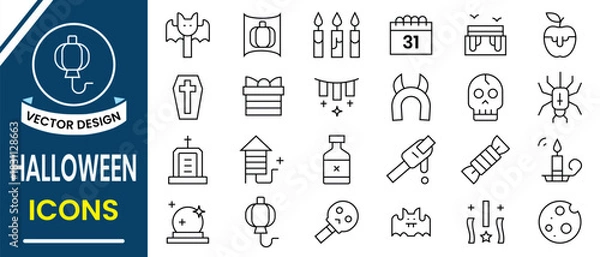 Fototapeta Halloween icons vector set collection. Set of 24 outline icons related to halloween. Linear icon collection such as candle, spider, castel, horror, face, pumpkin, ghost, vampire, zombie etc.