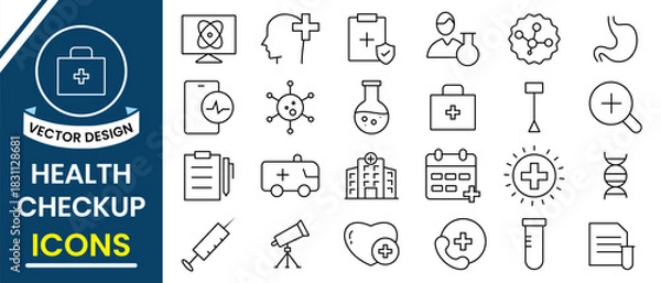 Fototapeta Health checkup line icon set. Medical or health checkup line icon vector collection. Symbol of medical related outline icon vector. Vector illustration.