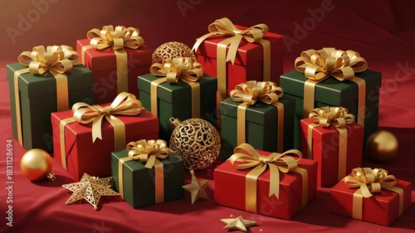 Obraz Elegant red and green wrapped presents with golden bows, top view
