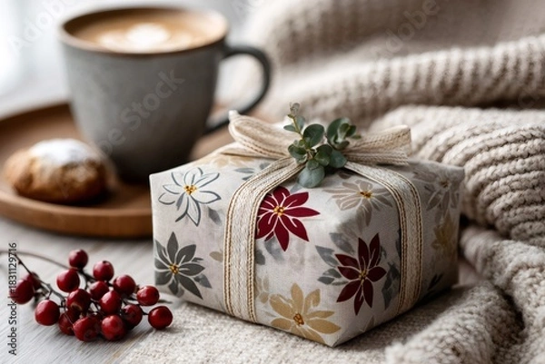Obraz Christmas gift and coffee creating cozy winter atmosphere