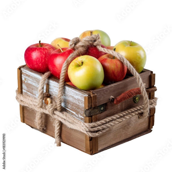 Obraz A rustic wooden crate filled with vibrant red and green apples, beautifully arranged to showcase their freshness and natural beauty, on transparent background.