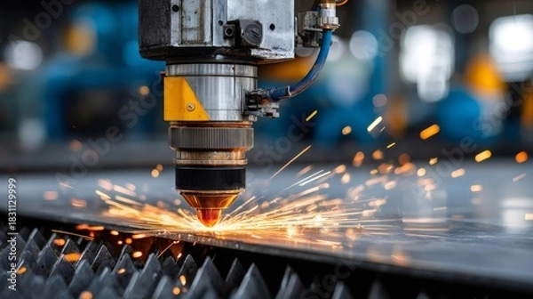 Obraz Laser cutting machine creating sparks on metal sheet