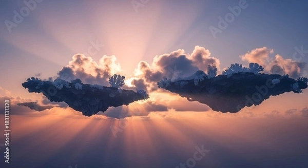 Fototapeta Breathtaking sunrise over floating islands with sun rays creating magical atmosphere perfect for fantasy novel covers or inspirational backgrounds