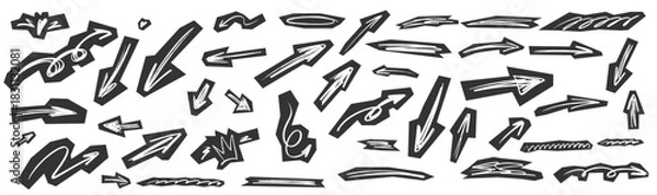 Fototapeta Textured scrapbook arrow graphics with scribble lines across vintage paper scraps. Arrow shapes, scrapbook elements, energetic scribble touches and paper layers deliver a handmade aesthetic.