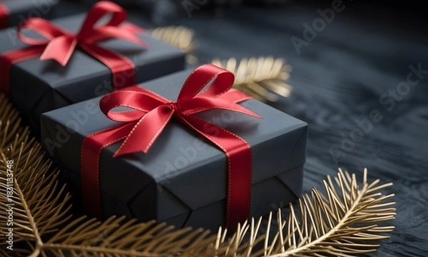 Fototapeta Elegant black gift boxes with festive red ribbons and golden pine accents create a luxurious holiday celebration vibe perfect for upscale gifting campaigns