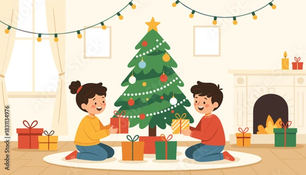 Fototapeta Children unwrapping Christmas gifts by decorated tree indoors  isolated on a transparent background