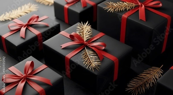 Fototapeta Elegant black gift boxes with red ribbons and golden sprigs create a festive and luxurious holiday atmosphere perfect for upscale promotions