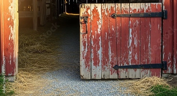 Obraz Old wooden door with weathered number sign on the red brick wall of an abandoned factory building