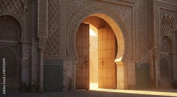 Obraz Ancient stone arch doorway entrance of a medieval Spanish mosque and Moroccan religious building