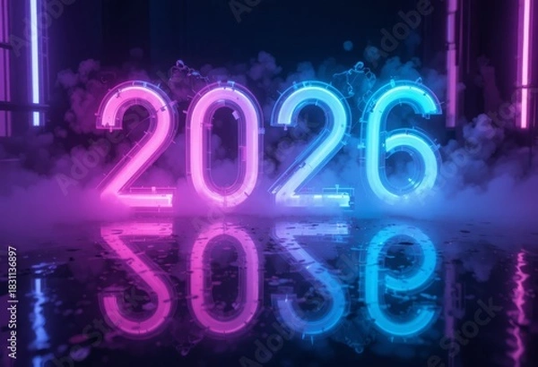 Fototapeta Neon 2026 numbers on reflective black acrylic with fog and cyan purple rim light
